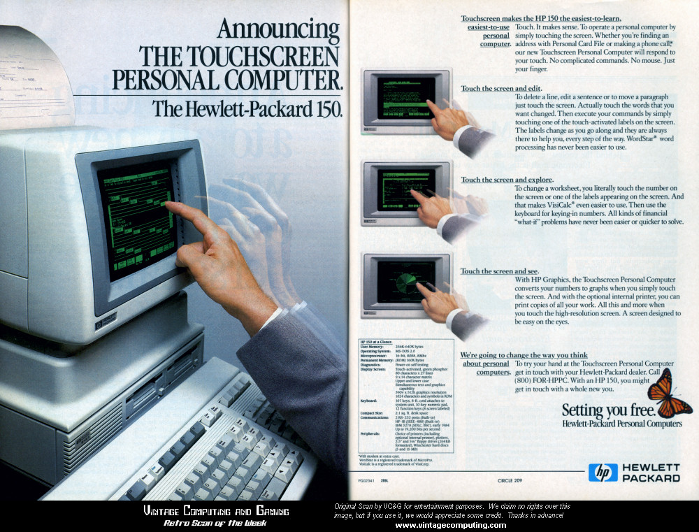 Ad for HP150 touchscreen computer