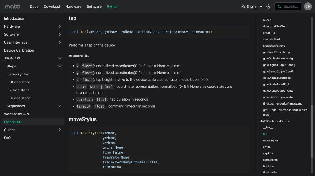Photo of the documentation portal for MATT device testing robot showing the Python API
