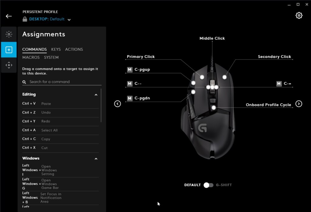 Logitech G Hub application screenshot with gaming mouse macro configuration