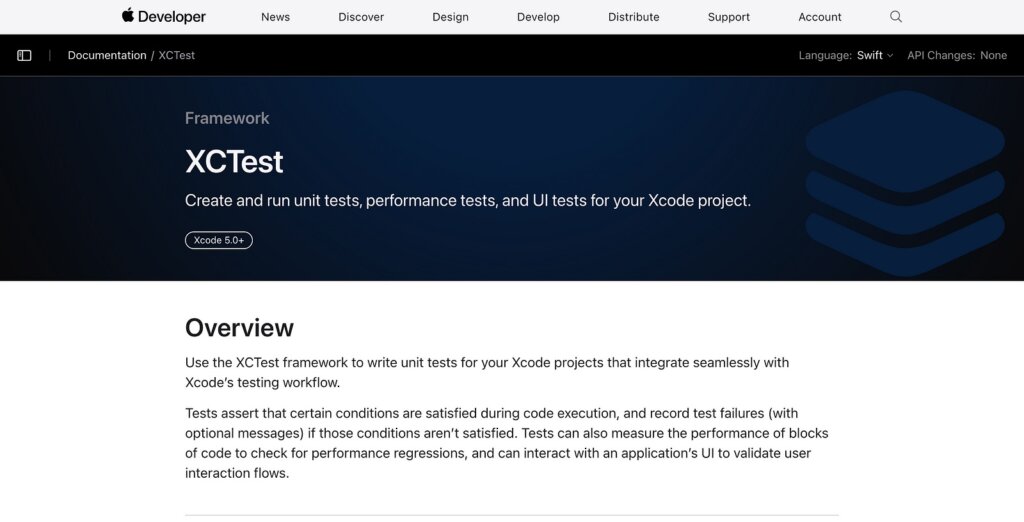 photo of xctest documentaiton on Apple website